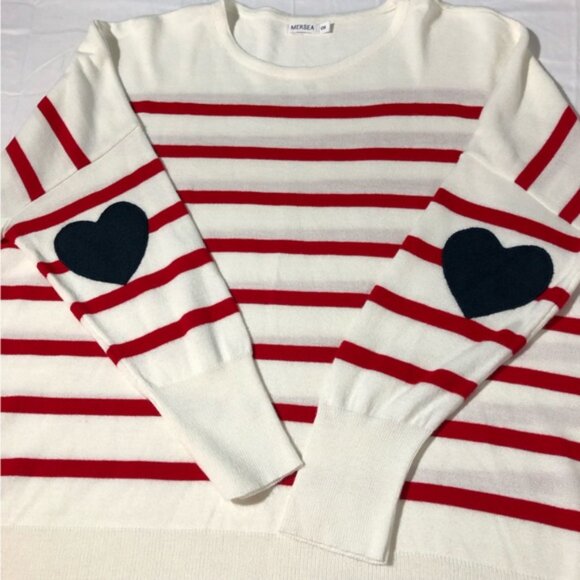 Mersea womens catalina OS red striped blue heart elbow patches pullover sweater - Picture 8 of 11